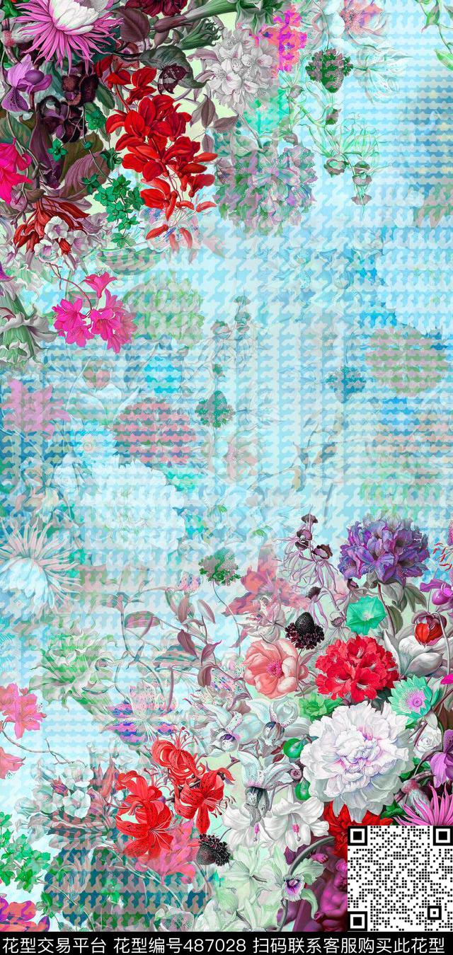 几何千鸟格花卉数码印花华亿平台下载（图片编号: 487028） - 瓦栏（Walan）