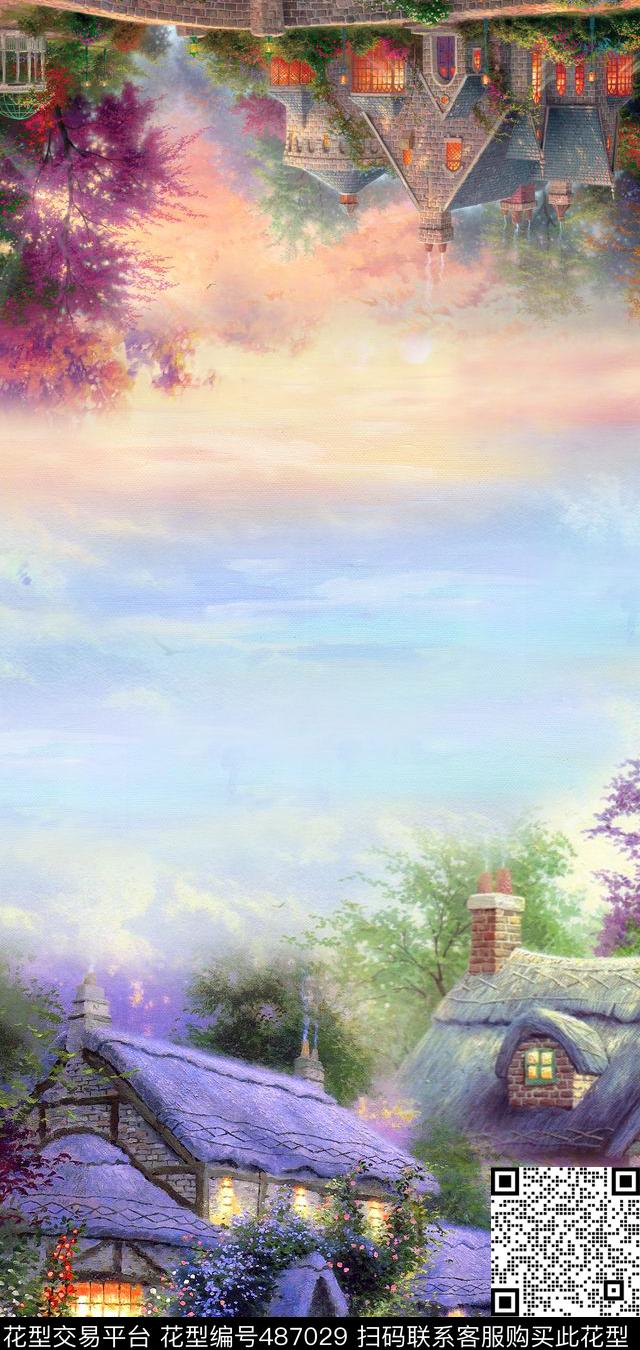 田园风村庄建筑数码印花华亿平台下载（图片编号: 487029） - 瓦栏（Walan）