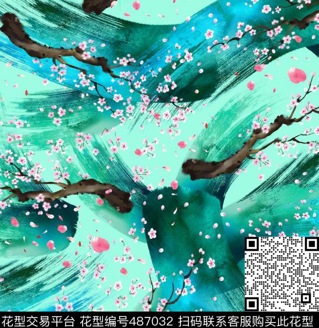 手绘梅花水彩数码印花华亿平台下载（图片编号: 487032） - 瓦栏（Walan）