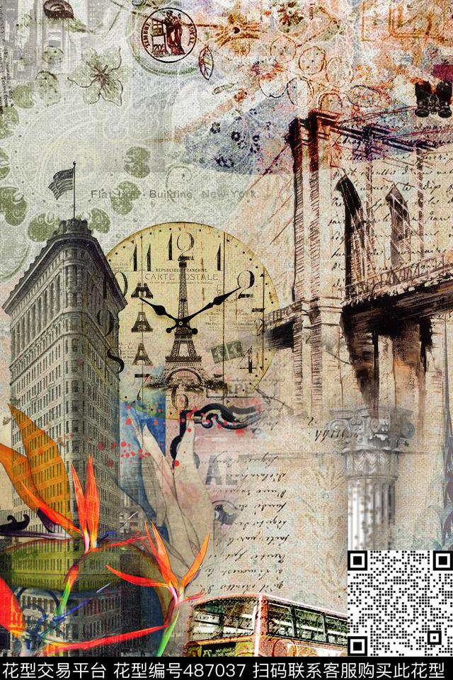 欧美复古海报建筑男装夹克裁片数码印花华亿平台下载（图片编号: 487037） - 瓦栏（Walan）