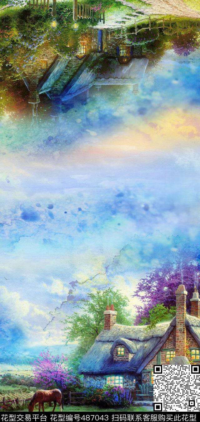 田园风村庄建筑数码印花华亿平台下载（图片编号: 487043） - 瓦栏（Walan）