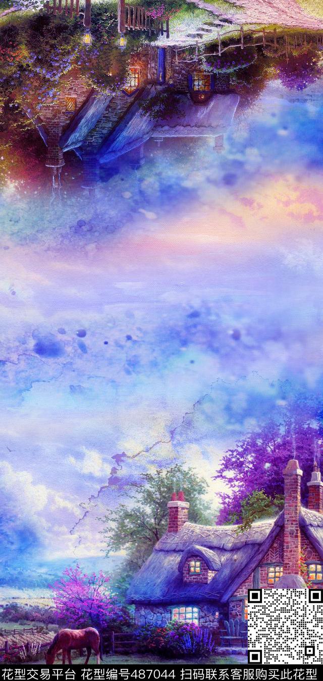 田园风村庄建筑数码印花华亿平台下载（图片编号: 487044） - 瓦栏（Walan）