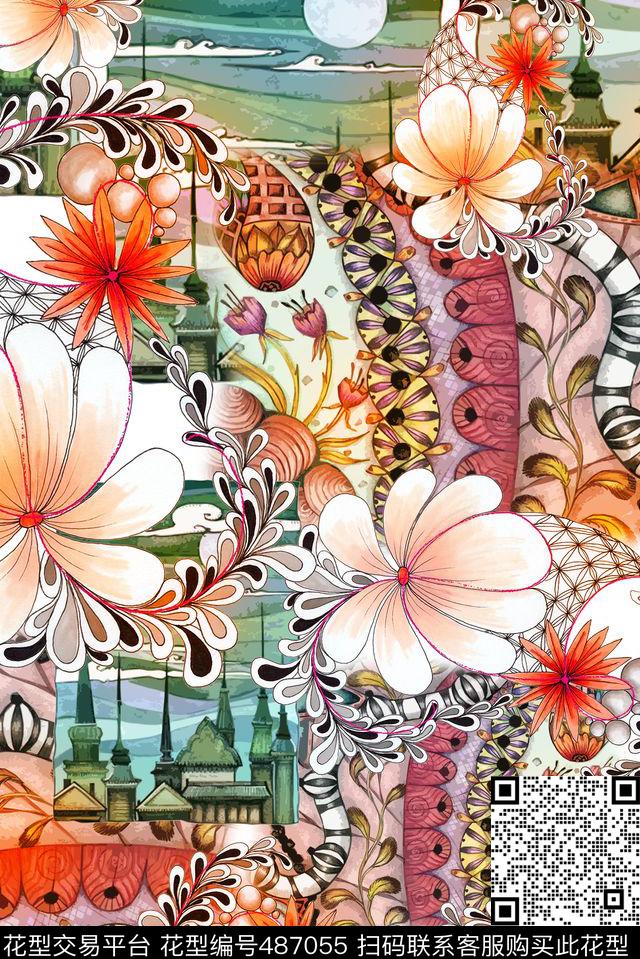 民族花卉花朵数码印花华亿平台下载（图片编号: 487055） - 瓦栏（Walan）