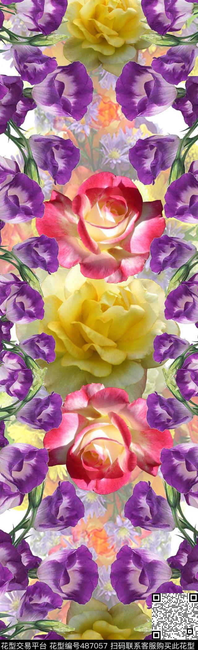 欧美风大花卉玫瑰花数码印花华亿平台下载（图片编号: 487057） - 瓦栏（Walan）