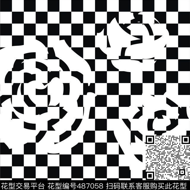方格黑白玖瑰传统印花华亿平台下载（图片编号: 487058） - 瓦栏（Walan）