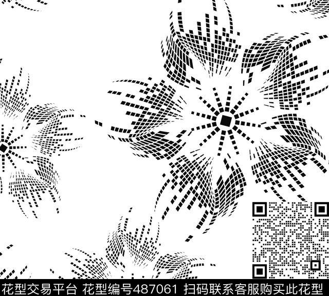 方格黑白排列花卉传统印花华亿平台下载（图片编号: 487061） - 瓦栏（Walan）