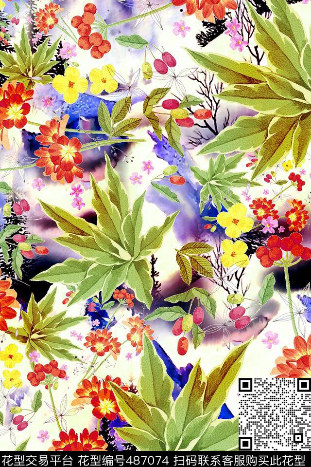 水彩花卉花朵数码印花华亿平台下载（图片编号: 487074） - 瓦栏（Walan）