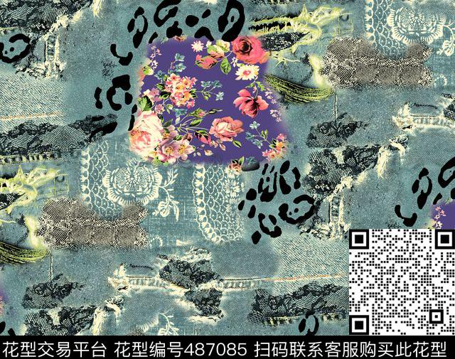 线条格子定位花数码印花华亿平台下载（图片编号: 487085） - 瓦栏（Walan）