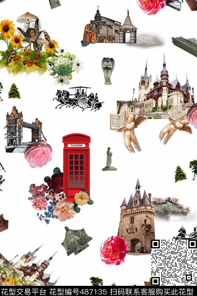 建筑花卉人物数码印花华亿平台下载（图片编号: 487135） - 瓦栏（Walan）