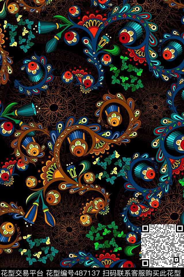 卷草纹潮流时尚大牌传统花纹卷草纹数码印花华亿平台下载（图片编号: 487137） - 瓦栏（Walan）