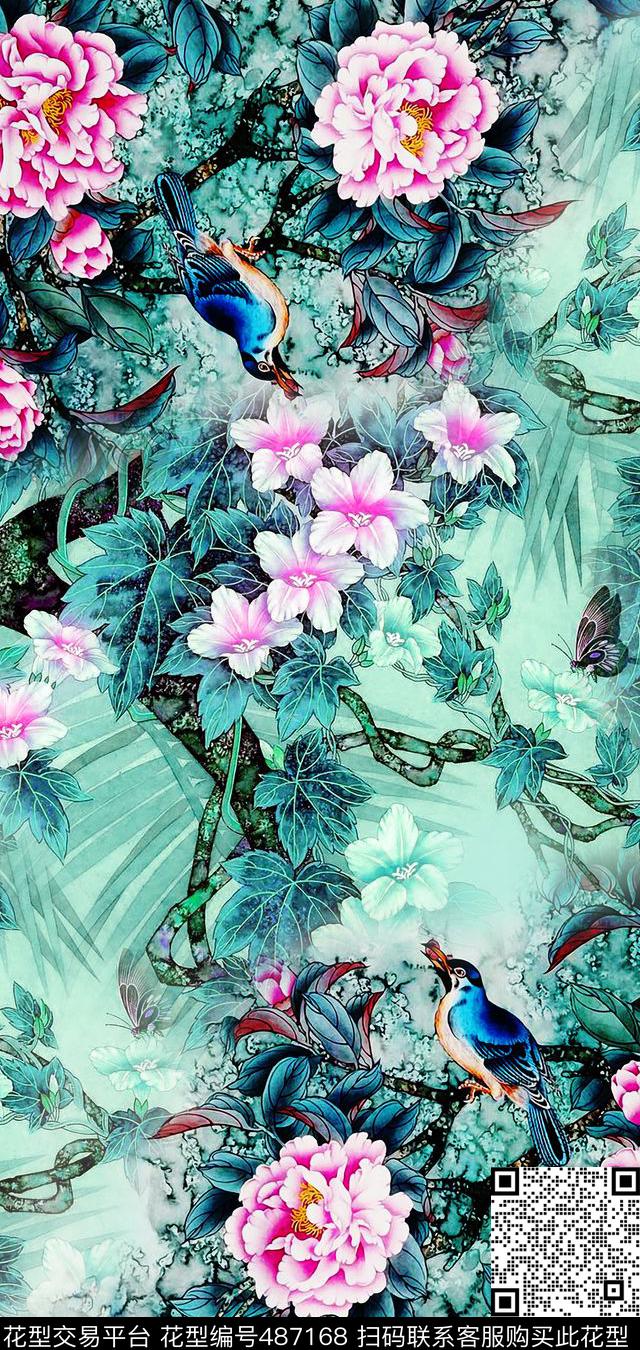 中国风工笔画花鸟画数码印花华亿平台下载（图片编号: 487168） - 瓦栏（Walan）