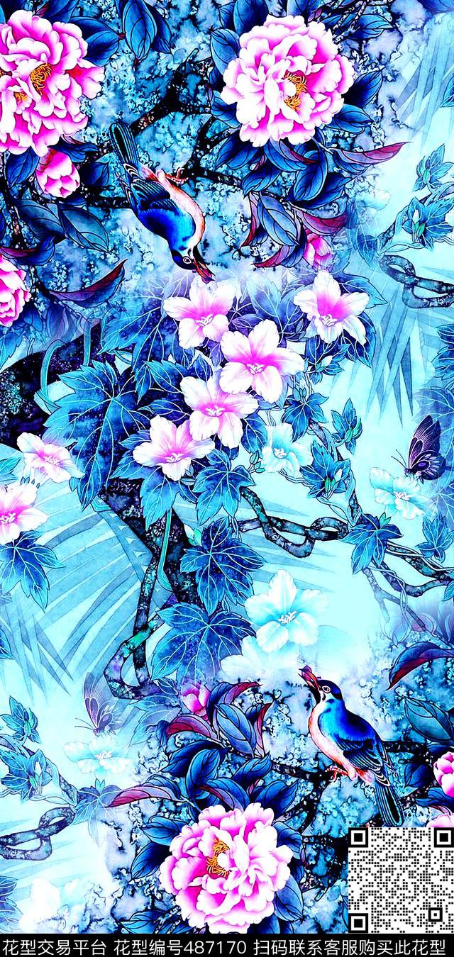 中国风工笔画花鸟画数码印花华亿平台下载（图片编号: 487170） - 瓦栏（Walan）