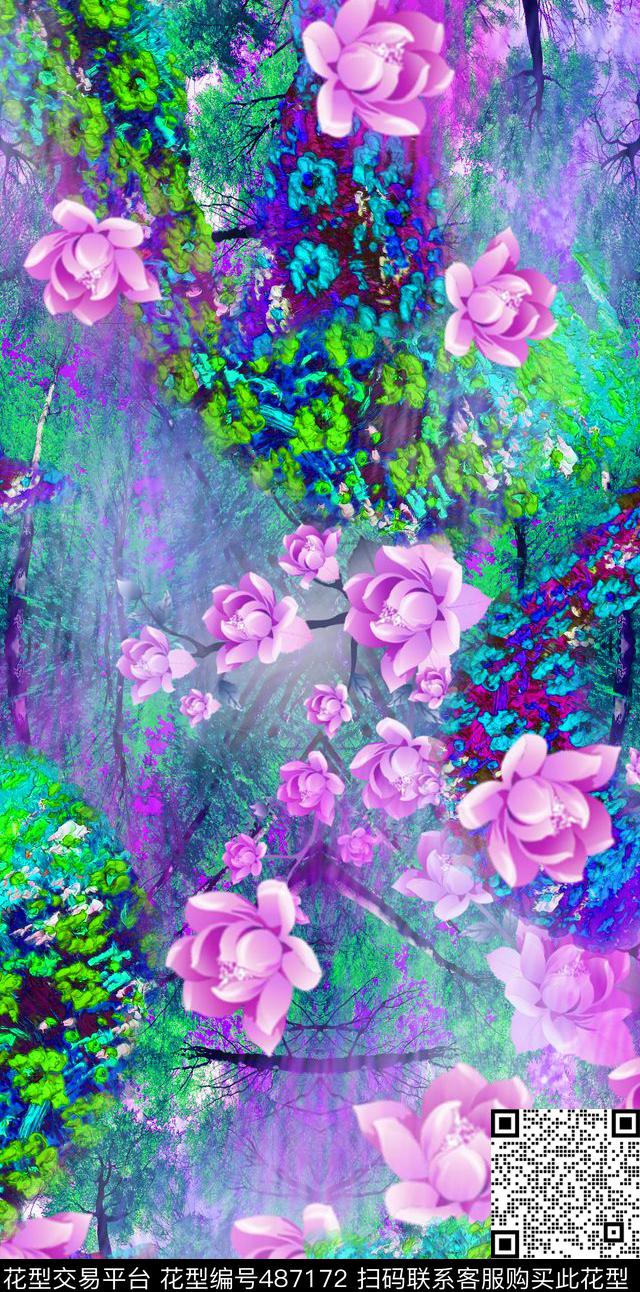 时尚自然绿色背景花卉数码印花华亿平台下载（图片编号: 487172） - 瓦栏（Walan）