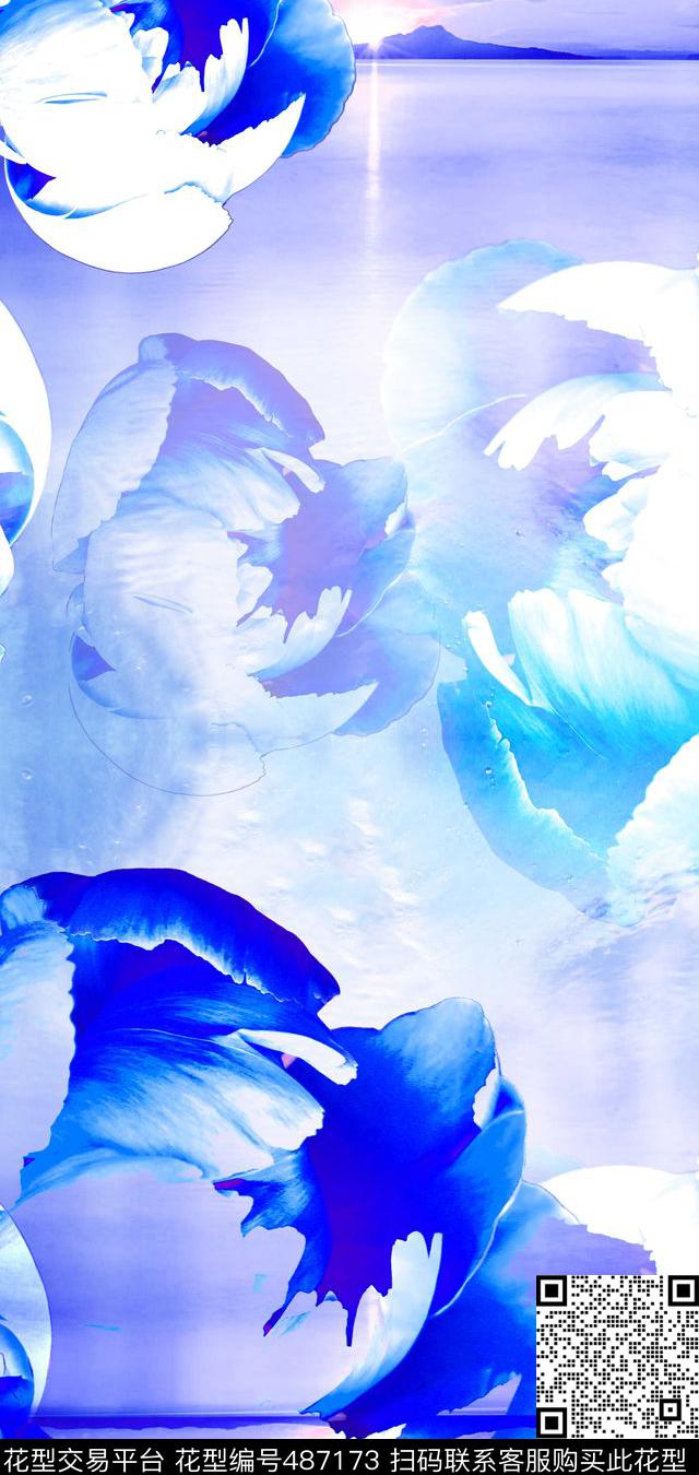 梦幻蓝色系花卉数码印花华亿平台下载（图片编号: 487173） - 瓦栏（Walan）
