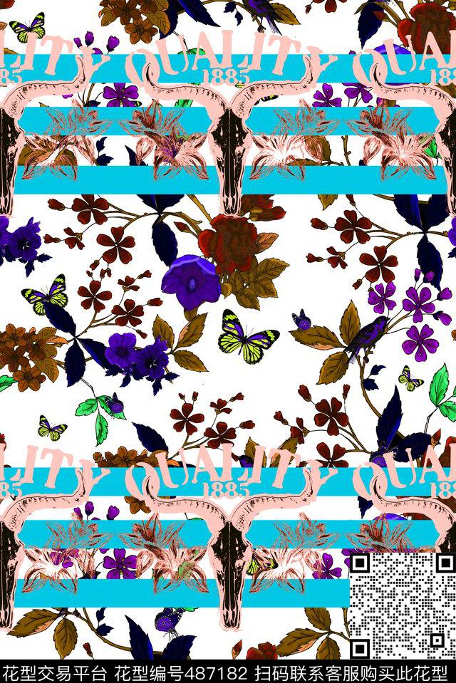 时尚花卉蝴蝶数码印花华亿平台下载（图片编号: 487182） - 瓦栏（Walan）