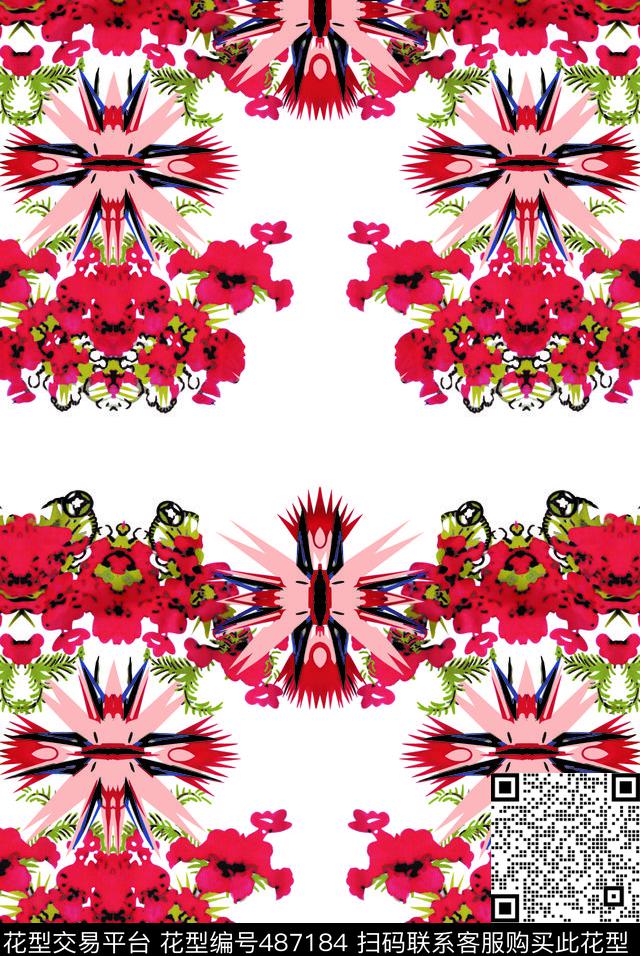 写意红色花朵女装匹布数码印花华亿平台下载（图片编号: 487184） - 瓦栏（Walan）