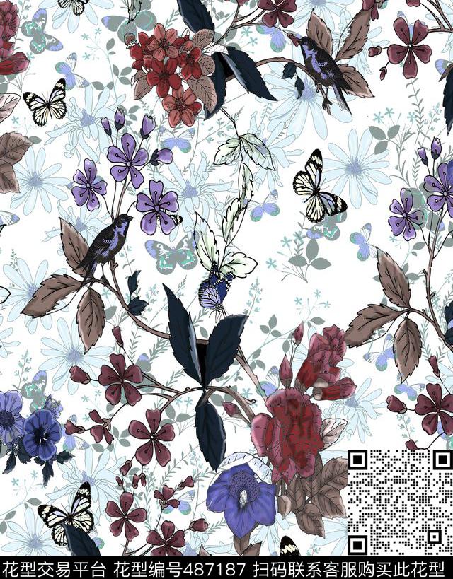 时尚水墨花卉数码印花华亿平台下载（图片编号: 487187） - 瓦栏（Walan）