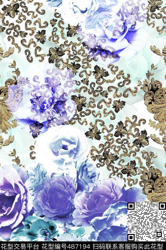 紫色花卉金属饰品数码印花华亿平台下载（图片编号: 487194） - 瓦栏（Walan）