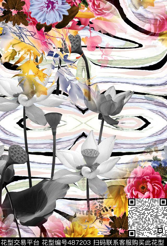 时尚荷花五彩数码印花华亿平台下载（图片编号: 487203） - 瓦栏（Walan）