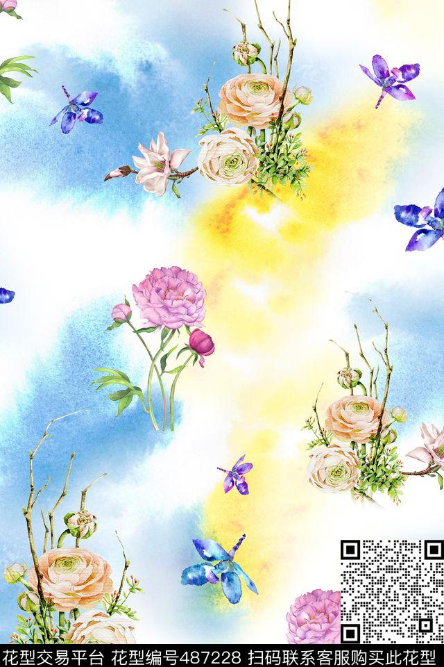 清新手绘花卉水彩底纹数码印花华亿平台下载（图片编号: 487228） - 瓦栏（Walan）