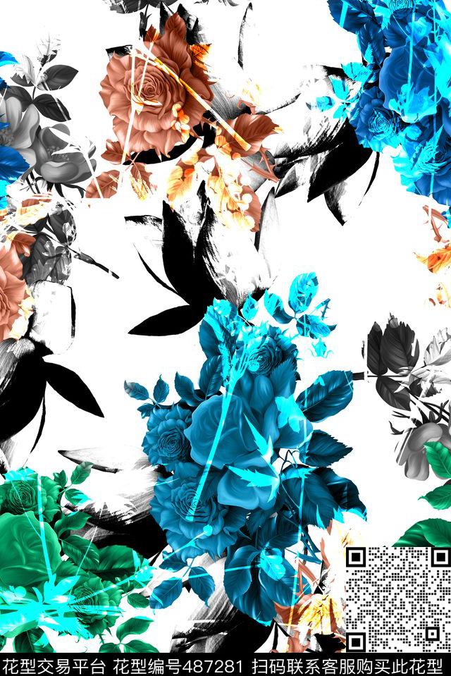 高水准水墨花卉数码印花华亿平台下载（图片编号: 487281） - 瓦栏（Walan）