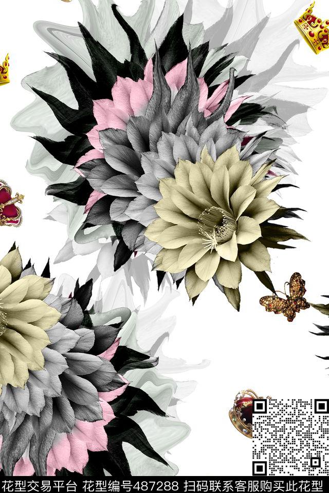 时尚宝石大花数码印花华亿平台下载（图片编号: 487288） - 瓦栏（Walan）