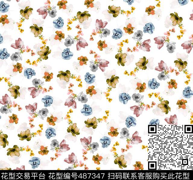 花卉手绘水彩画数码印花华亿平台下载（图片编号: 487347） - 瓦栏（Walan）