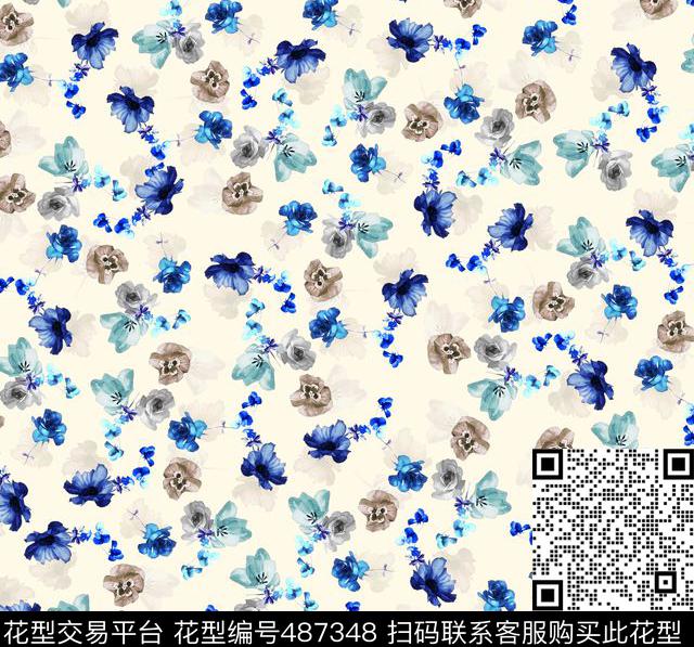 花卉手绘水彩画数码印花华亿平台下载（图片编号: 487348） - 瓦栏（Walan）