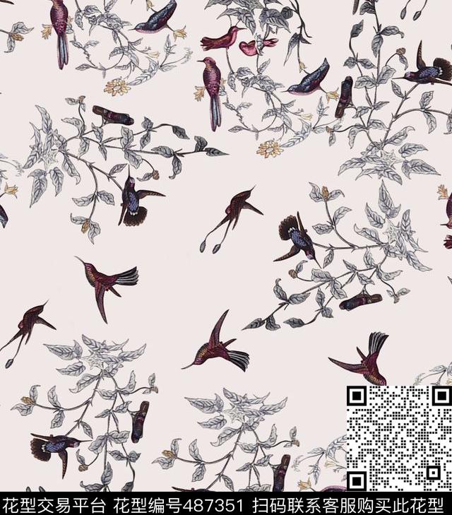 风景小鸟树枝数码印花华亿平台下载（图片编号: 487351） - 瓦栏（Walan）