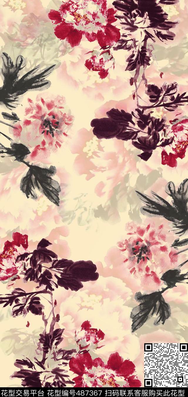 中国风水黑画长围巾数码印花华亿平台下载（图片编号: 487367） - 瓦栏（Walan）