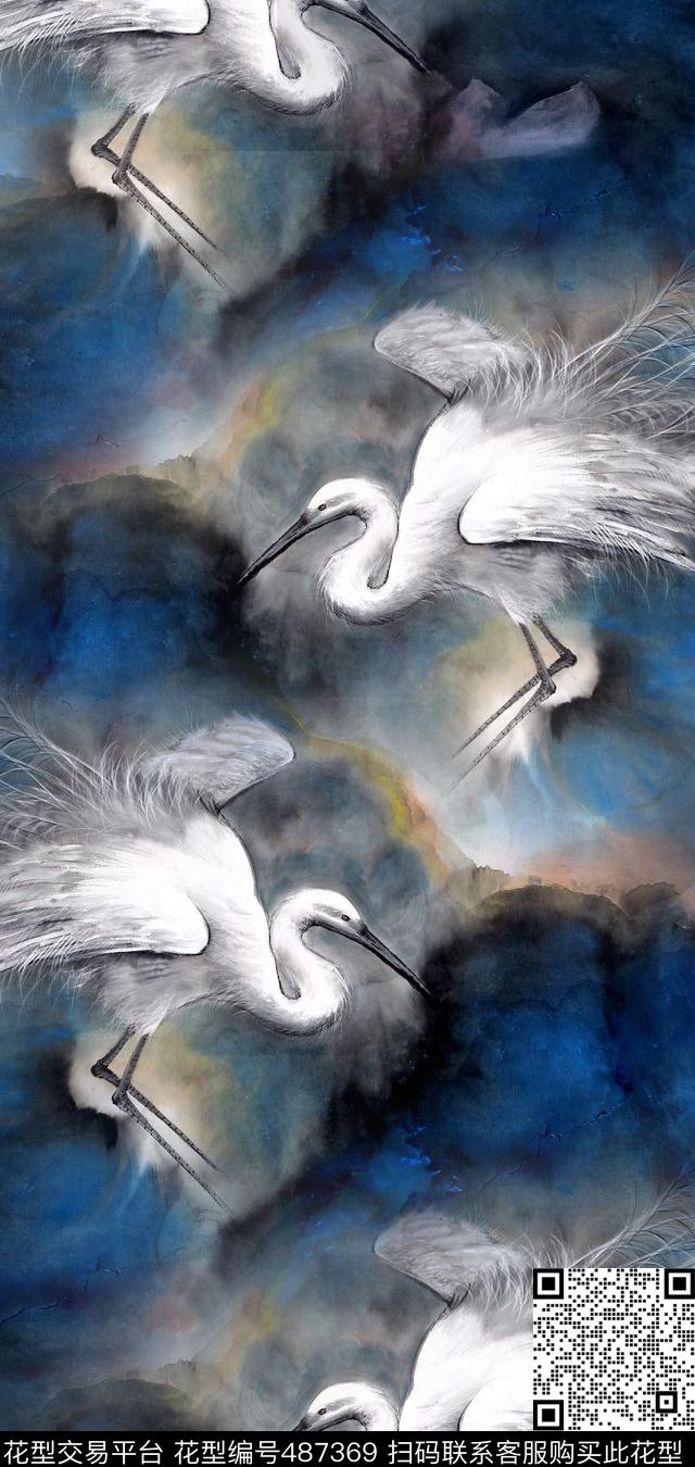 工笔画仙鹤中国风数码印花华亿平台下载（图片编号: 487369） - 瓦栏（Walan）