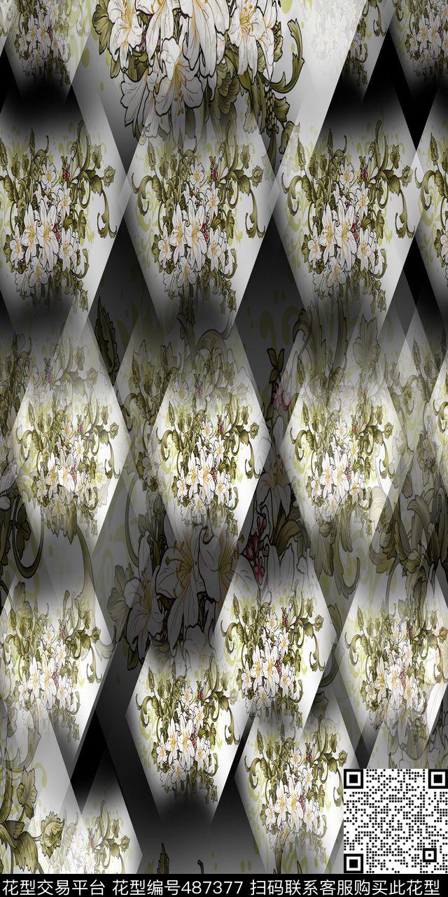 中国风花卉几何图形数码印花华亿平台下载（图片编号: 487377） - 瓦栏（Walan）