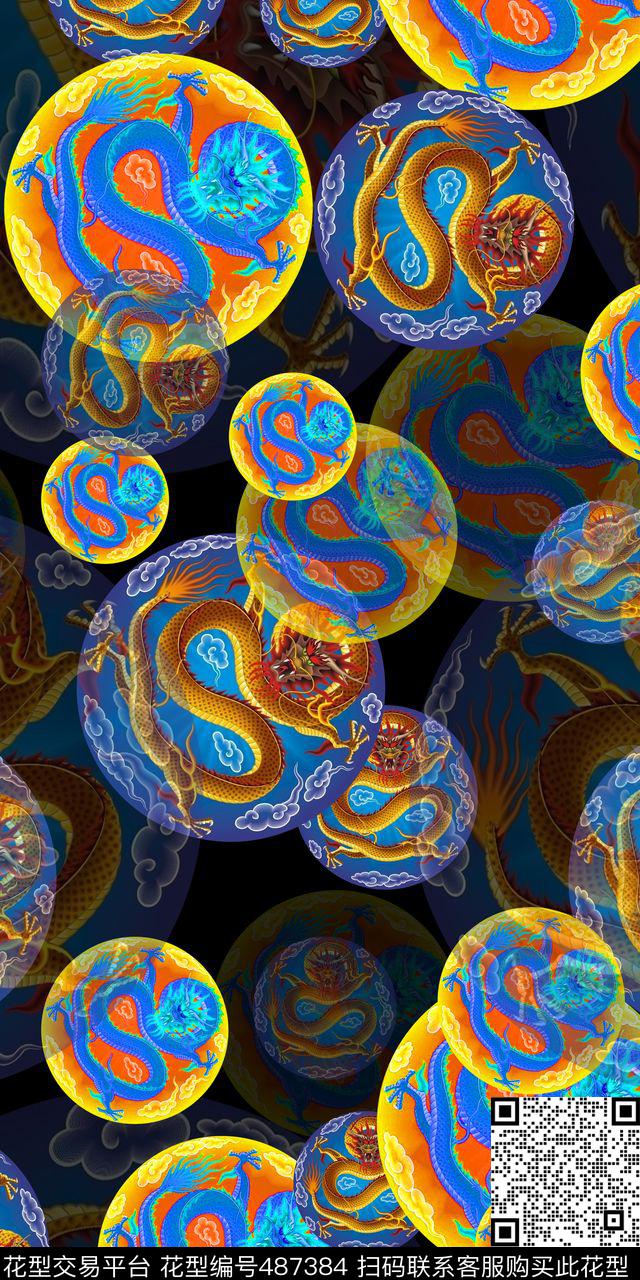 中国风龙几何圆数码印花华亿平台下载（图片编号: 487384） - 瓦栏（Walan）