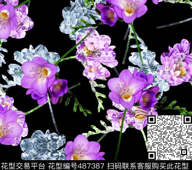 流行时尚紫藤花欧美数码印花华亿平台下载（图片编号: 487387） - 瓦栏（Walan）