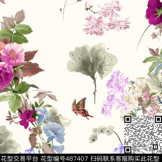 时尚潮流花卉蝴蝶数码印花华亿平台下载（图片编号: 487407） - 瓦栏（Walan）