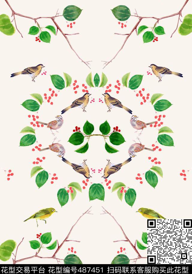 田园风自然花卉鸟数码印花华亿平台下载（图片编号: 487451） - 瓦栏（Walan）