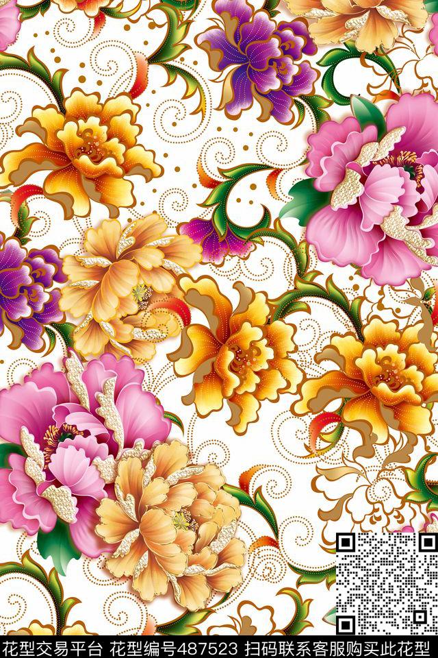 女装潮流大牌牡丹花数码印花华亿平台下载（图片编号: 487523） - 瓦栏（Walan）