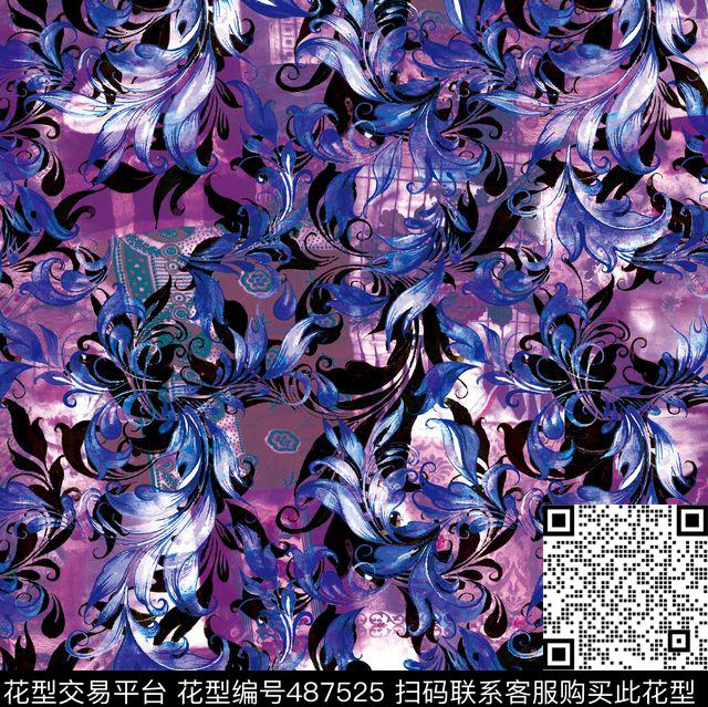 潮流时尚大牌卷草纹幻彩底纹数码印花华亿平台下载（图片编号: 487525） - 瓦栏（Walan）