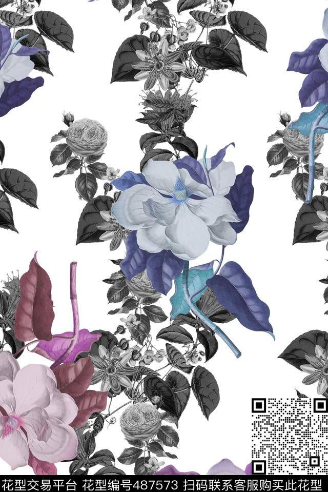 黑白色彩花卉数码印花华亿平台下载（图片编号: 487573） - 瓦栏（Walan）