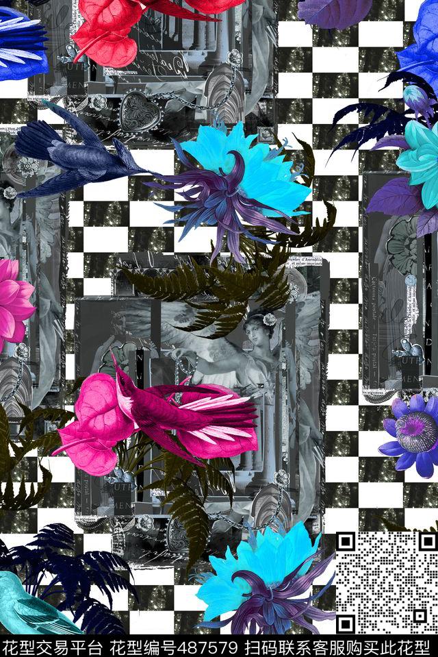 鸟黑白格子花卉数码印花华亿平台下载（图片编号: 487579） - 瓦栏（Walan）
