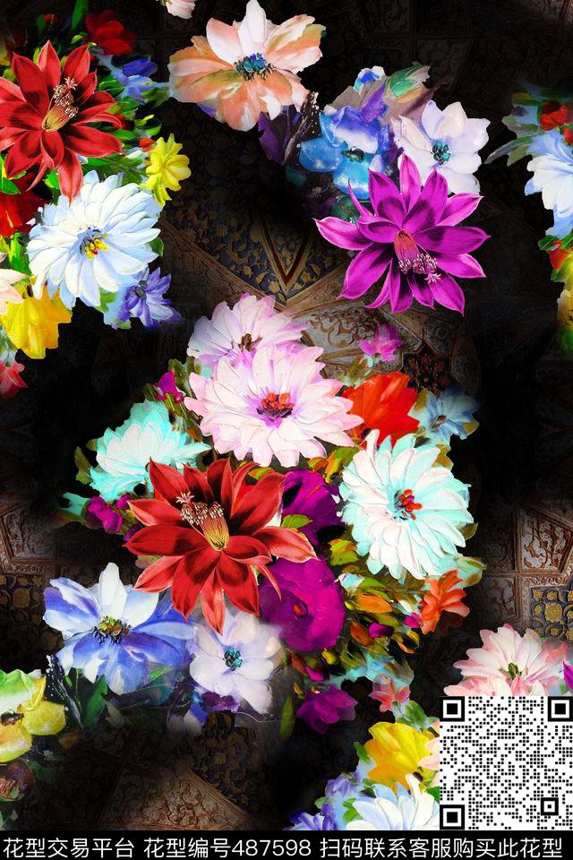 散花花卉民族风底纹数码印花华亿平台下载（图片编号: 487598） - 瓦栏（Walan）