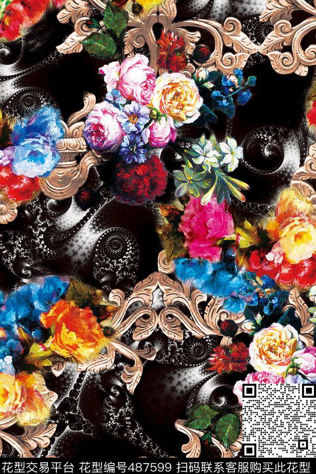 花卉金属质感散花数码印花华亿平台下载（图片编号: 487599） - 瓦栏（Walan）
