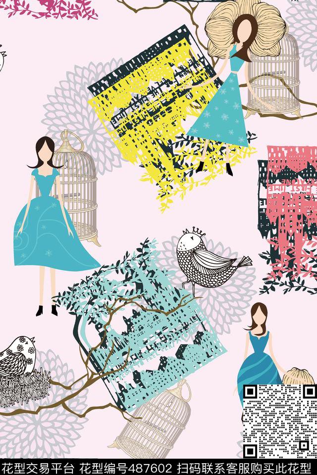 卡通美女小鸟数码印花华亿平台下载（图片编号: 487602） - 瓦栏（Walan）