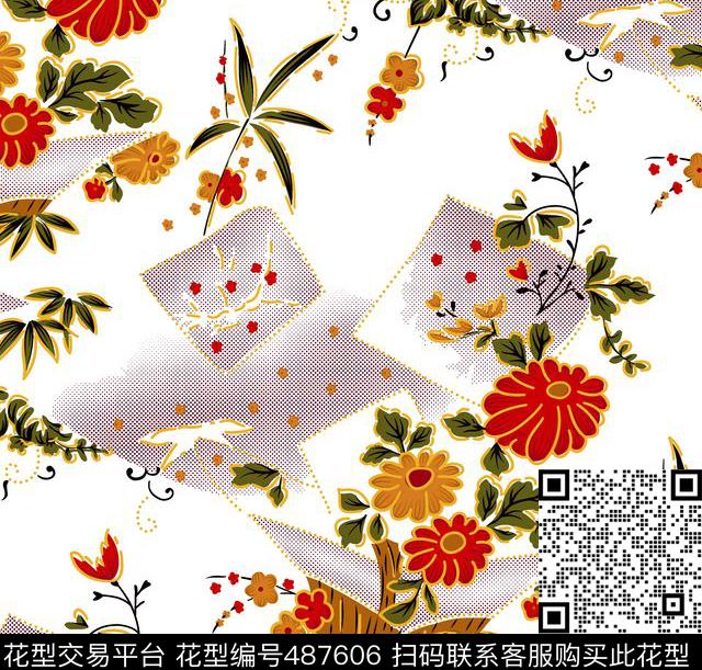 逗号点方块补丁花朵数码印花华亿平台下载（图片编号: 487606） - 瓦栏（Walan）