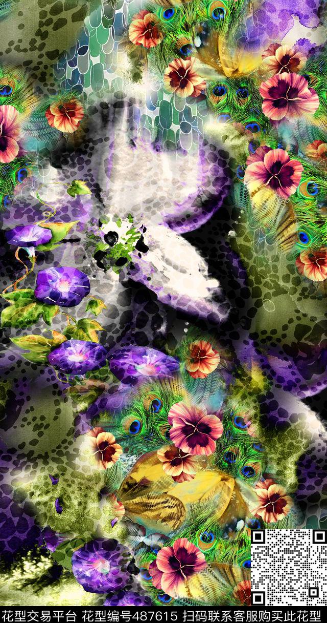 斑点豹纹几何椭圆孔雀羽毛数码印花华亿平台下载（图片编号: 487615） - 瓦栏（Walan）