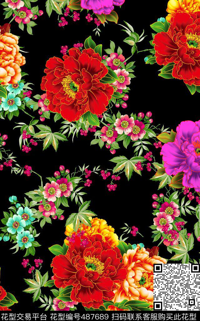 欧美流行中国风牡丹花数码印花华亿平台下载（图片编号: 487689） - 瓦栏（Walan）