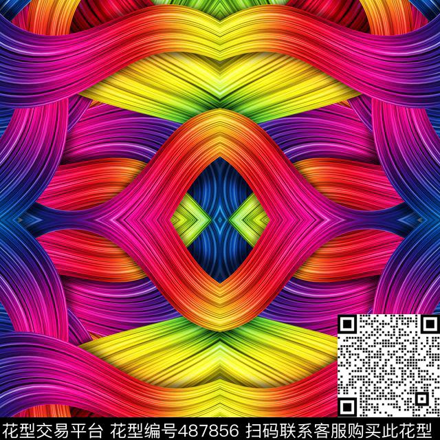 流行时尚手绘线条幻彩欧美数码印花华亿平台下载（图片编号: 487856） - 瓦栏（Walan）