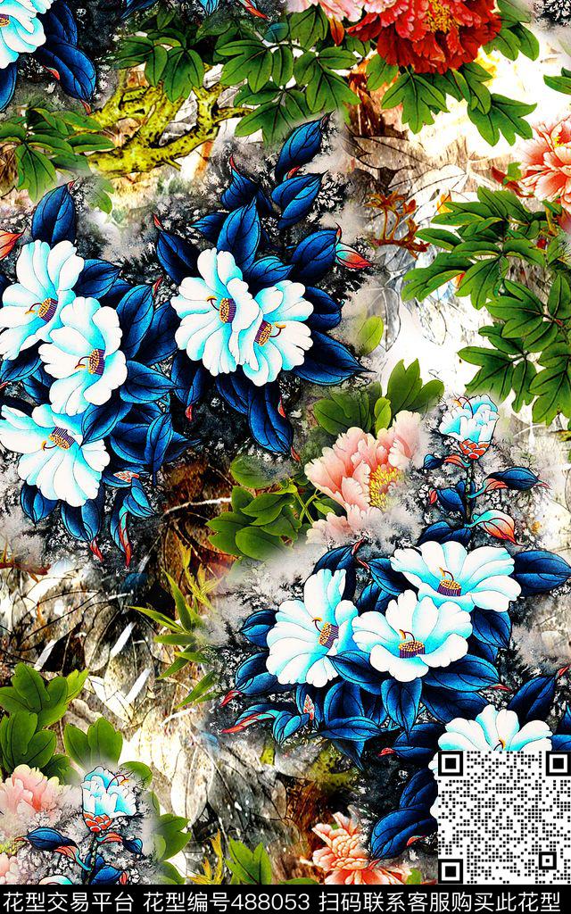 抽象花丛时尚数码印花华亿平台下载（图片编号: 488053） - 瓦栏（Walan）
