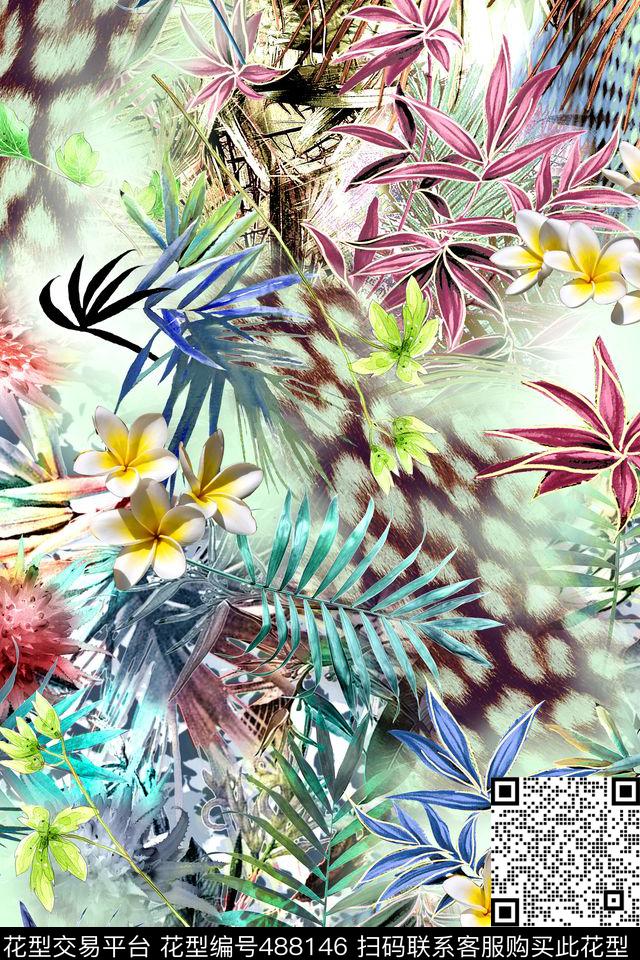 时尚豹纹棕榈树数码印花华亿平台下载（图片编号: 488146） - 瓦栏（Walan）