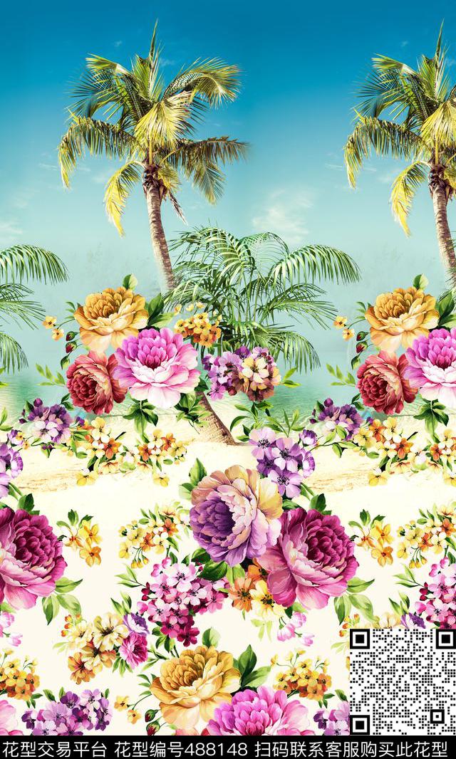 时尚花卉棕榈树数码印花华亿平台下载（图片编号: 488148） - 瓦栏（Walan）
